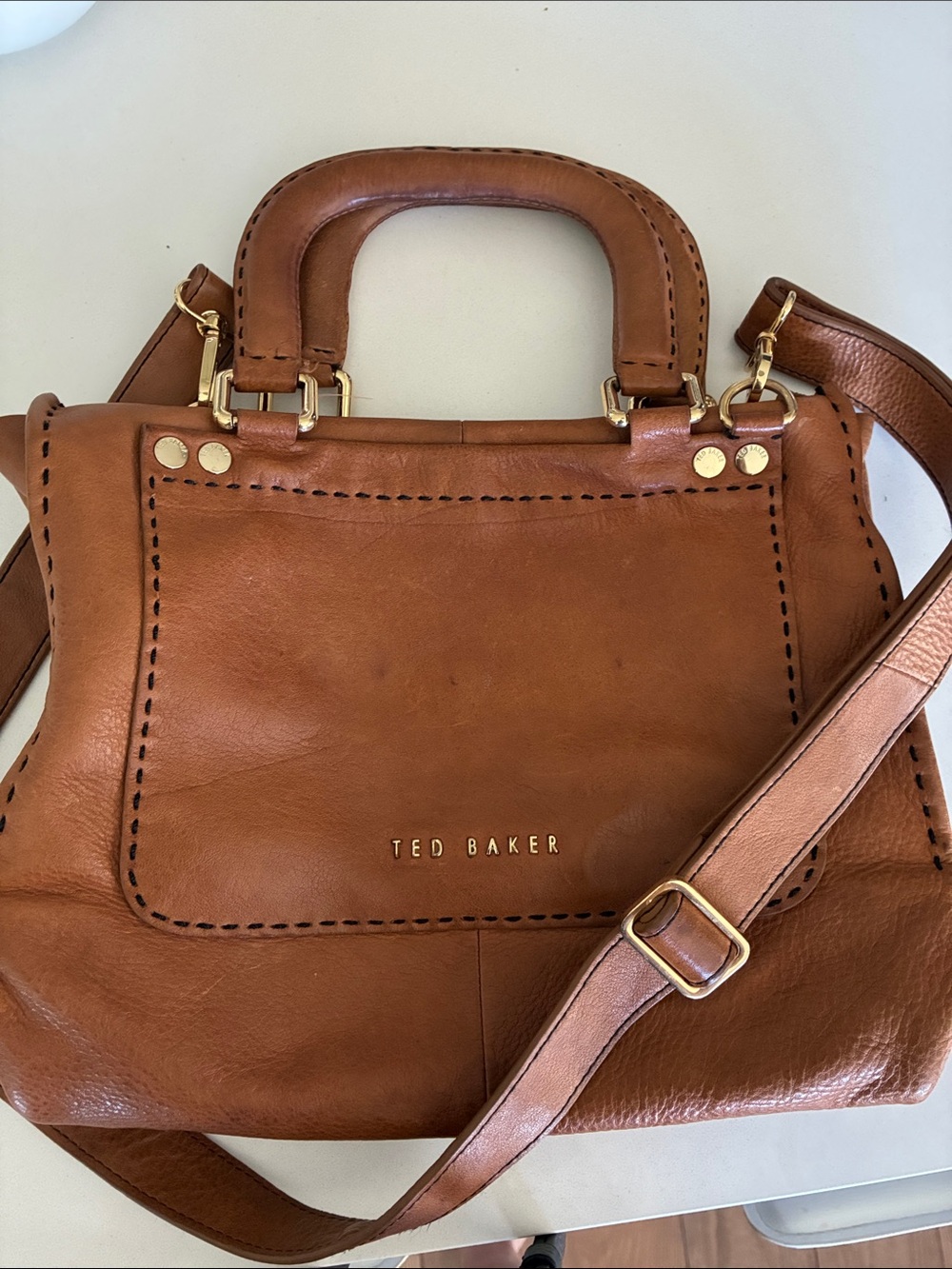 Ted Baker London Brown Leather Satchel with Gold Hardware